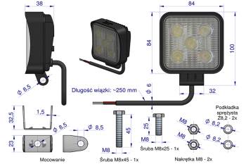 Lampa robocza kwadratowa mini 15W 5 LED GLANZ