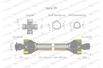 Wał przegubowo-teleskopowy 1010-1560mm 460Nm 32X38 Z8 rosyjski z dwóch stron CE seria 3R WARYŃSKI W326061010